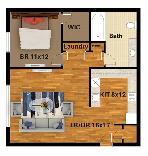 Floor plan for 1 bed, 1 bath, 750 sqft